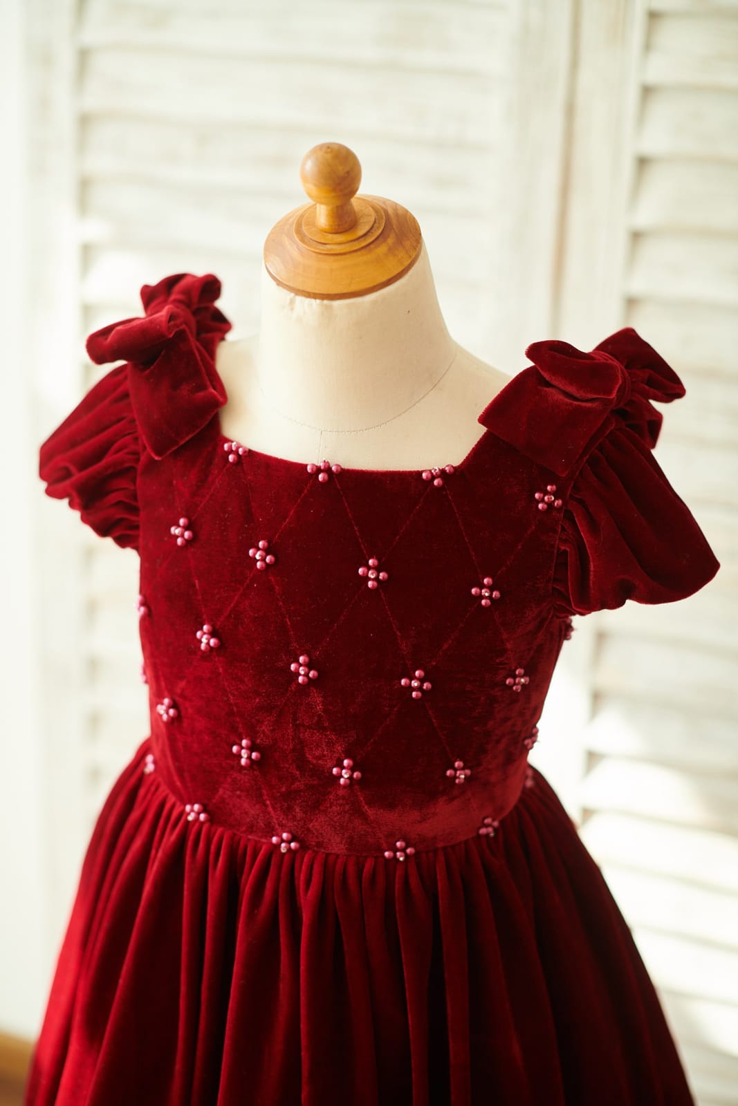 Burgundy Velvet Corset Back Cap Sleeves Wedding Flower Girl 