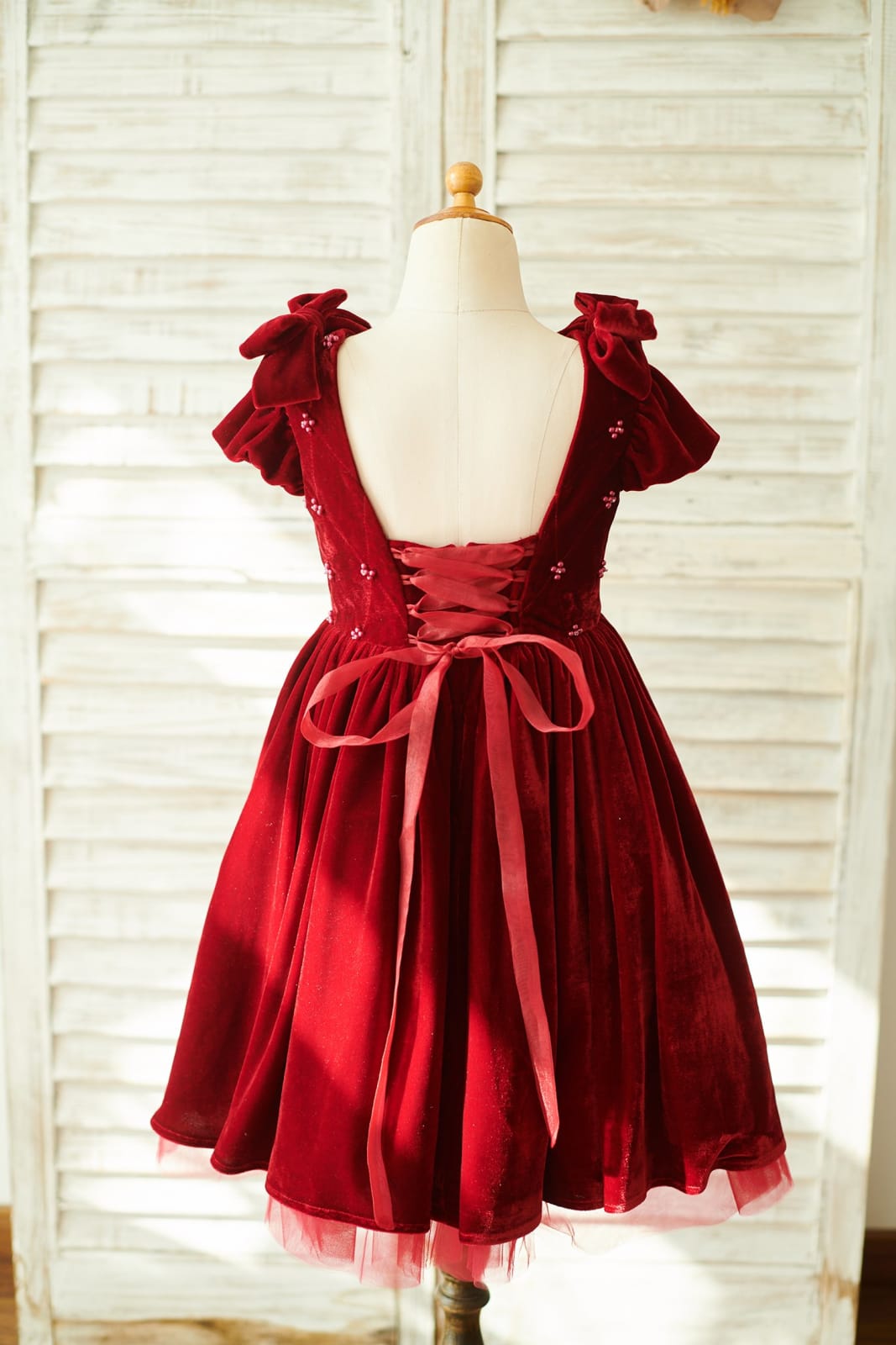 Burgundy Velvet Corset Back Cap Sleeves Wedding Flower Girl 