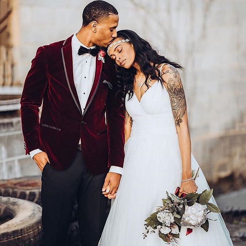 Burgundy Velvet One Button Wedding Groom Suit for Men-showprettydress