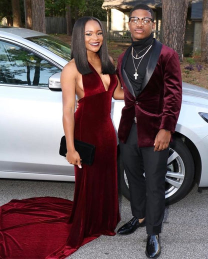 Burgundy Velvet Shawl Lapel Men's Prom Suits-showprettydress