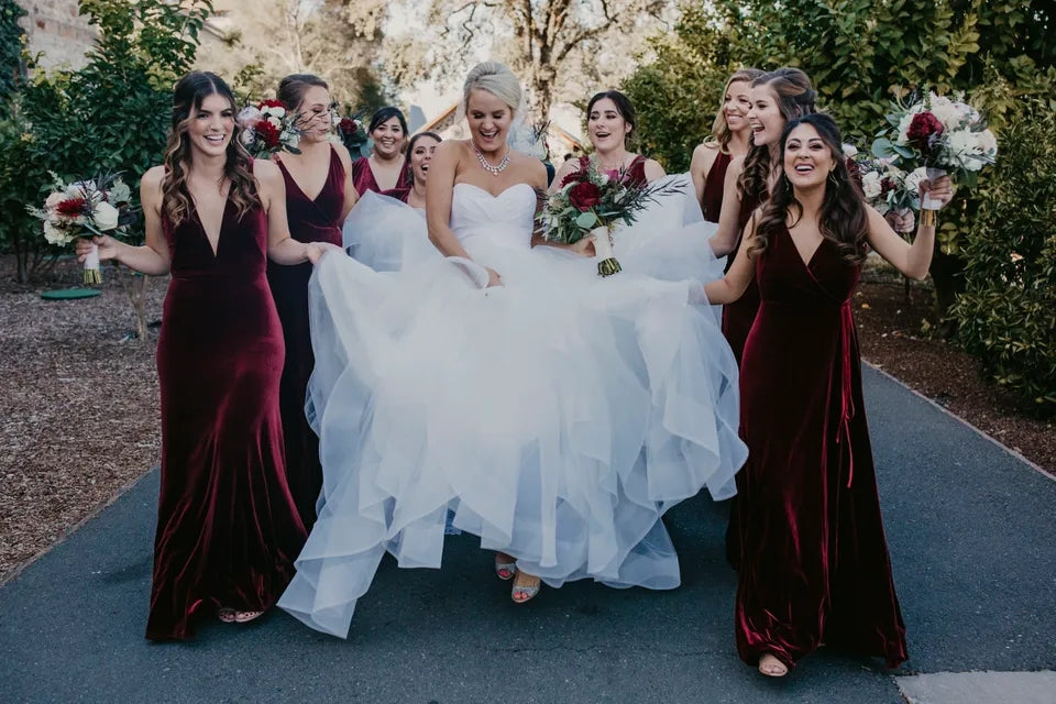 Roycebridal Affordable Winter Burgundy Velvet Bridesmaid Dresses UK V Neck Sleeveless