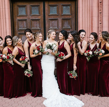 Roycebridal Sexy Mermaid Burgundy Velvet Bridesmaid Dresses Backless