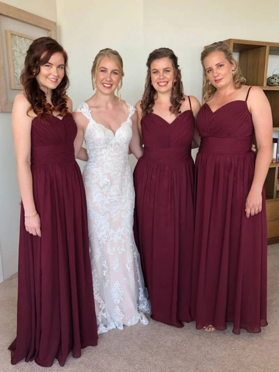 Floor-length Long Chiffon Spaghetti Straps Burgundy Bridesmaid Dresses