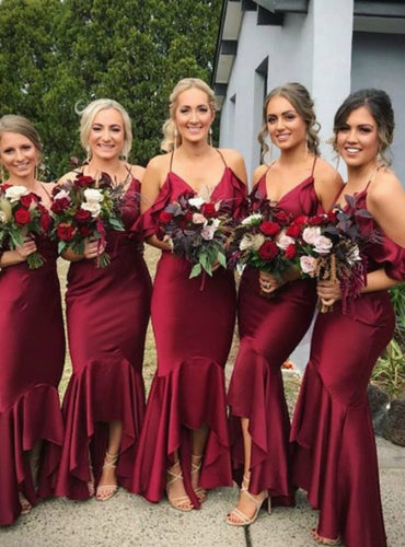 Cheap Mermaid Satin Burgundy Bridesmaid Dress Spaghetti Straps