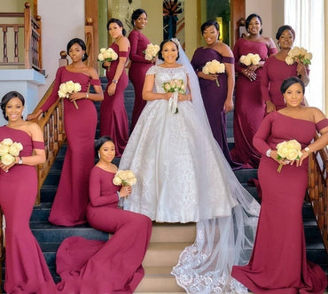 African Burgundy Bridesmaid Dresses One Shoulder Long Mermaid Wedding Party Dress