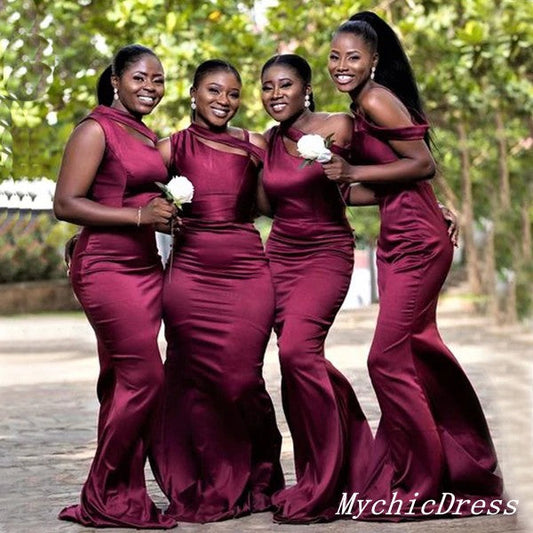 African Burgundy Bridesmaid Dresses One Shoulder Mermaid Long Party Dress