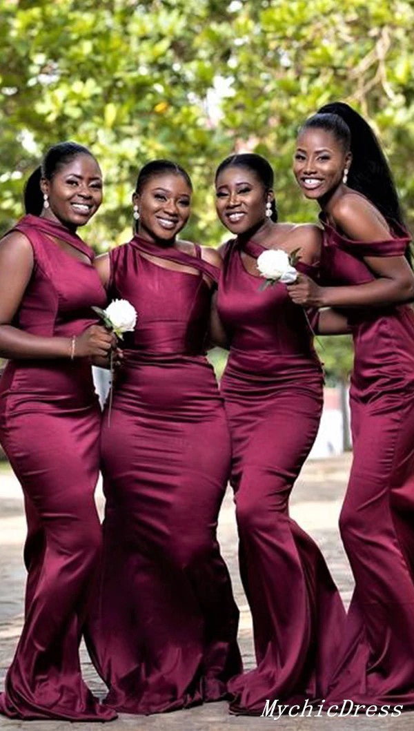 African Burgundy Bridesmaid Dresses One Shoulder Mermaid Long Party Dress