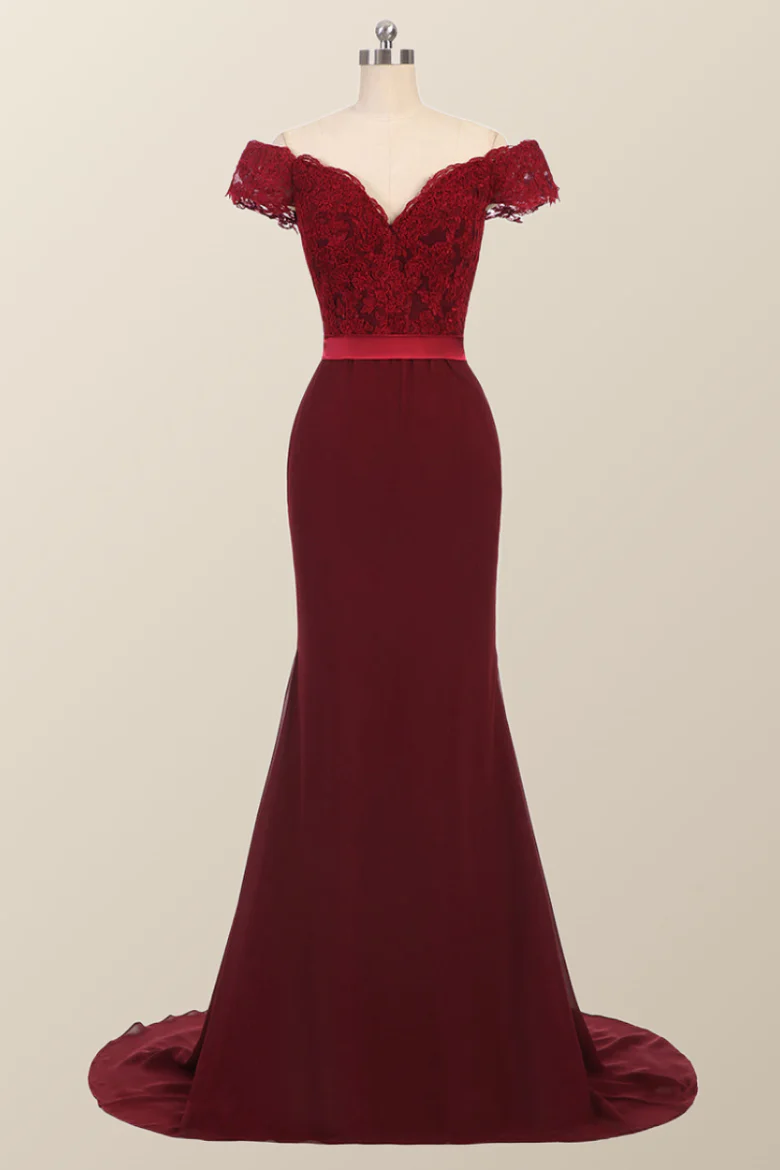 Roycebridal Lace Burgundy Bridesmaid Dress Off-the-Shoulder Mermaid Prom Dresses