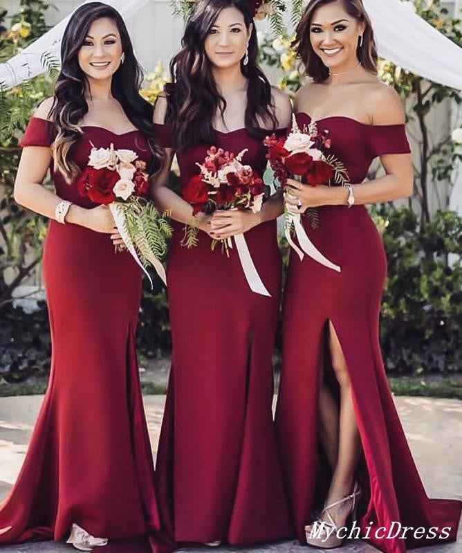 Roycebridal Sexy Burgundy Wedding Guest Dresses Floor Length Bridesmaid Dress with Split