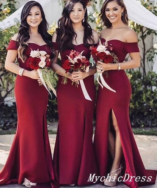 Roycebridal Sexy Burgundy Wedding Guest Dresses Floor Length Bridesmaid Dress with Split