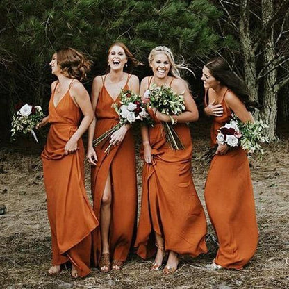 Roycebridal Simple Sleeveless V Neck Burnt Orange Bridesmaid Dresses