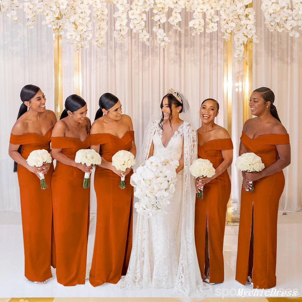 Cheap Bridesmaid Dresses Burnt Orange Mermaid off Shoulder high Slit Dress