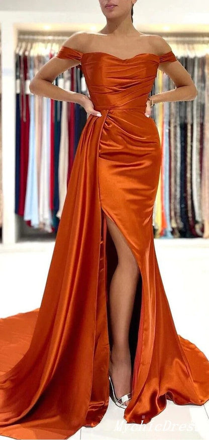 Burnt Orange Wedding Guest Dress Cheap Mermaid Off Shoulder Bridesmaid Dresses