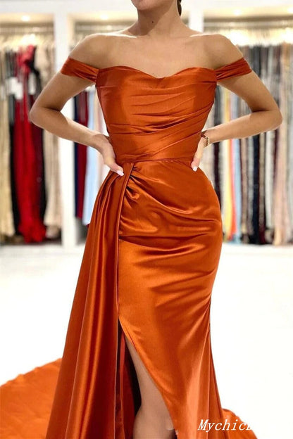 Burnt Orange Wedding Guest Dress Cheap Mermaid Off Shoulder Bridesmaid Dresses