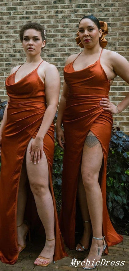 Roycebridal Cheap Long Burnt Orange Bridesmaid Dresses Spaghetti Straps with split