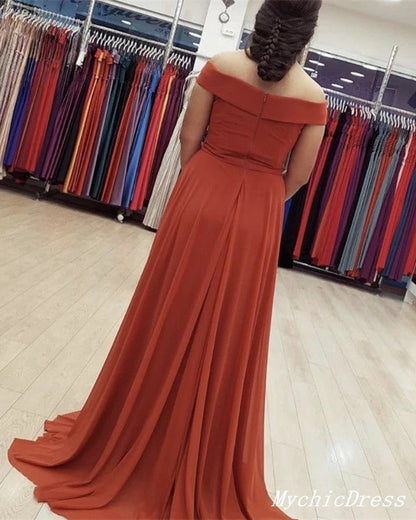 Roycebridal Sheath Off Shoulder Rust Chiffon Bridesmaid Dresses Rust Long Party Dress