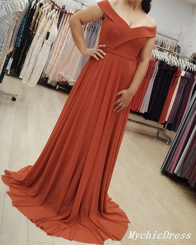 Roycebridal Sheath Off Shoulder Rust Chiffon Bridesmaid Dresses Rust Long Party Dress