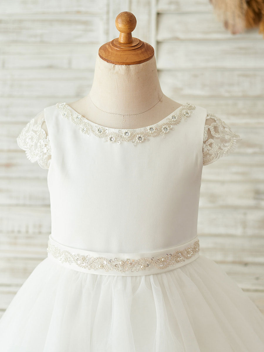 Buttons Short Sleeves Jewel Neck Ecru White Kids Party Dresses-showprettydress