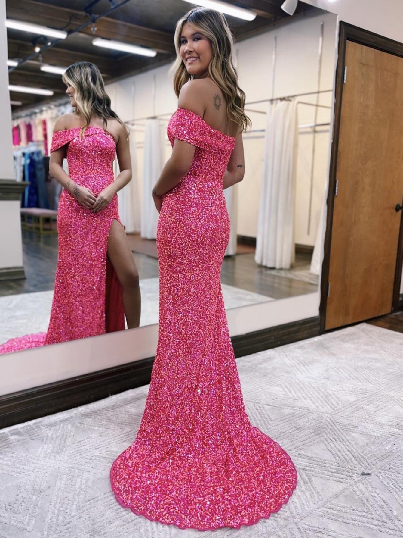 Roycebridal Glitter Mermaid One Shoulder Pink Long Prom Dress With Slit