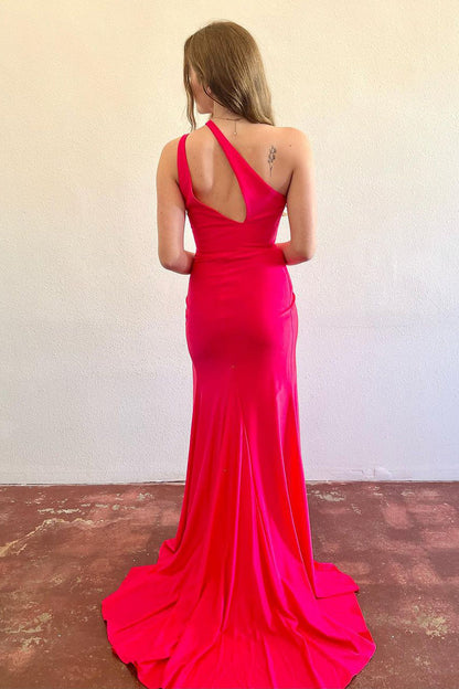 Roycebridal Patrice | Simple Mermaid Red Satin One Shoulder Long Prom Dress with Slit