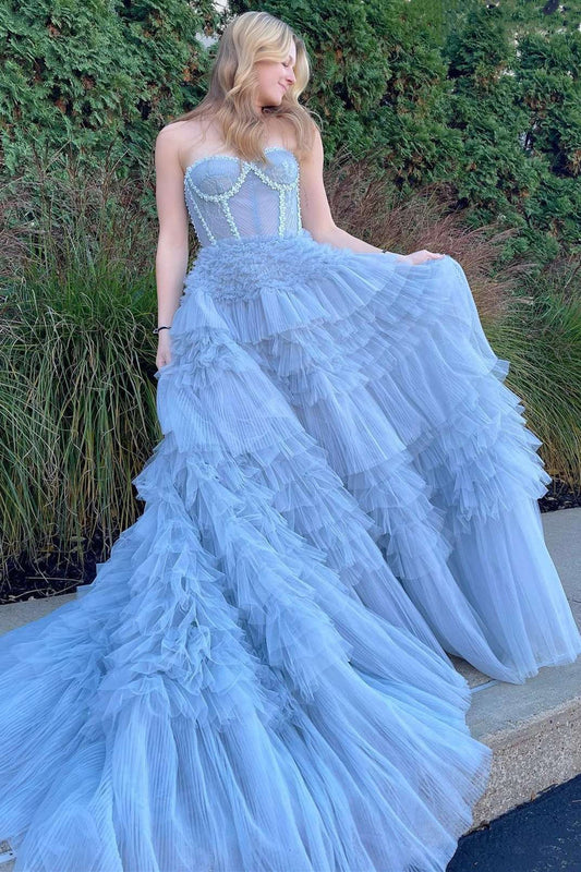 Roycebridal Jazlyn |Princess A-line Strapless Tiered Tulle Prom Dress