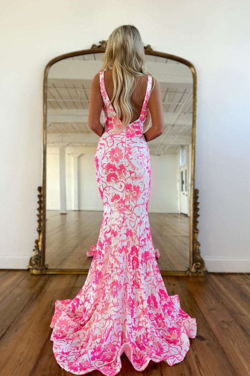 Roycebridal Bailey | Pink V Neck Sequin Lace Mermaid Prom Dress