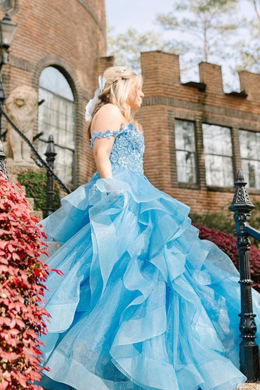 Roycebridal Blue Off the Shoulder Ruffle Tiered Tulle Long Prom Dresses with Appliques