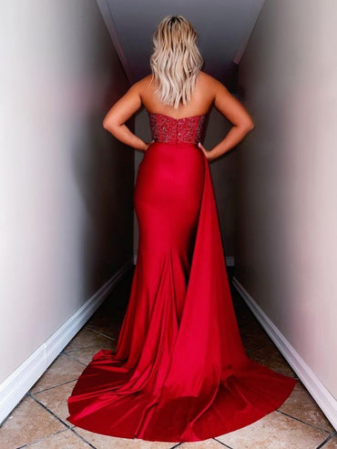 Roycebridal Ryann | Red Strapless Satin Long Prom Dress with Slit