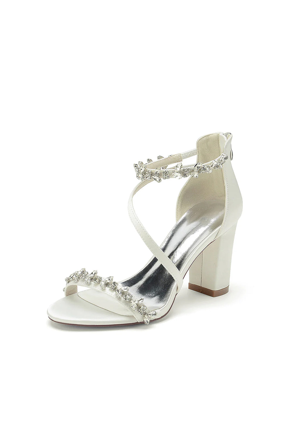 Open Toe Rhinestone Beaded Ankle Strap Chunky Heels