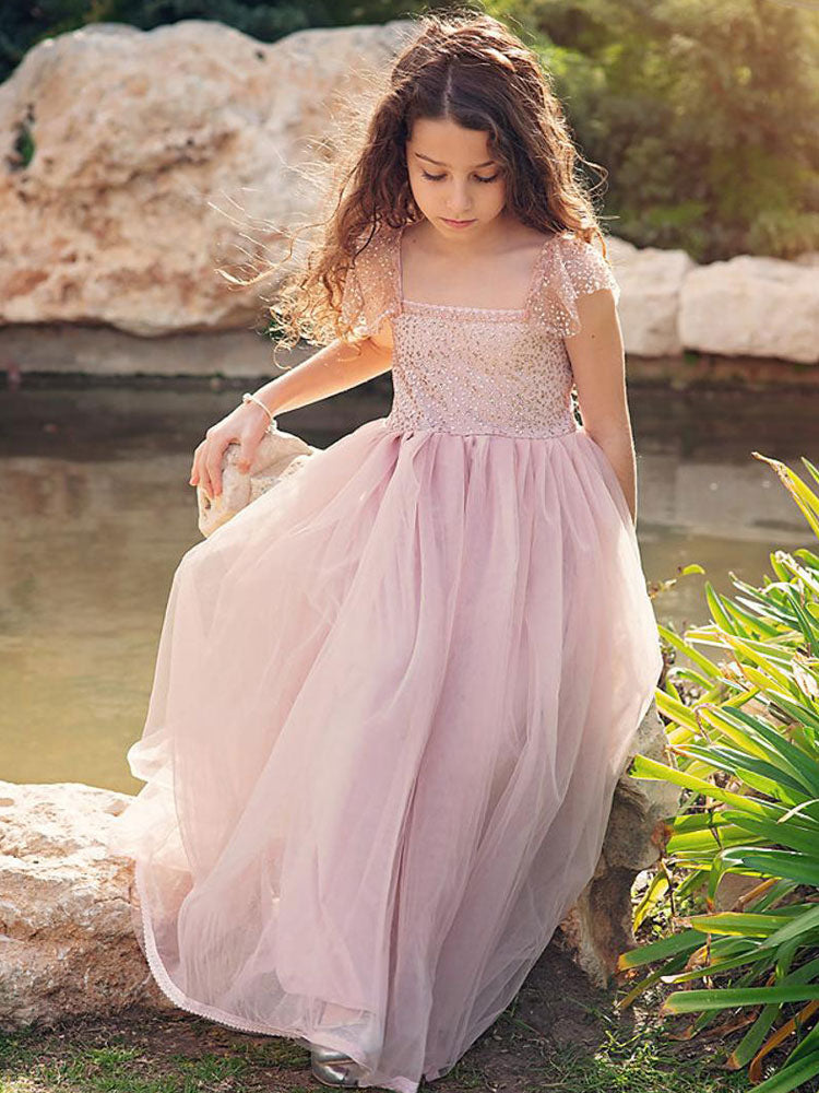 Cameo Brown Jewel Neck Ankle-Length A-Line Lace Formal Kids Pageant flower girl dresses-showprettydress