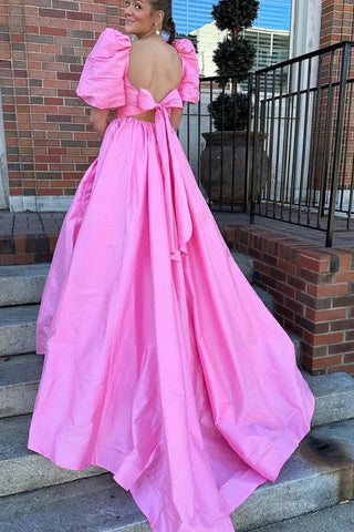 Roycebridal Lynette | Square Neck Fuchsia Puff Sleeves A-Line Prom Dress