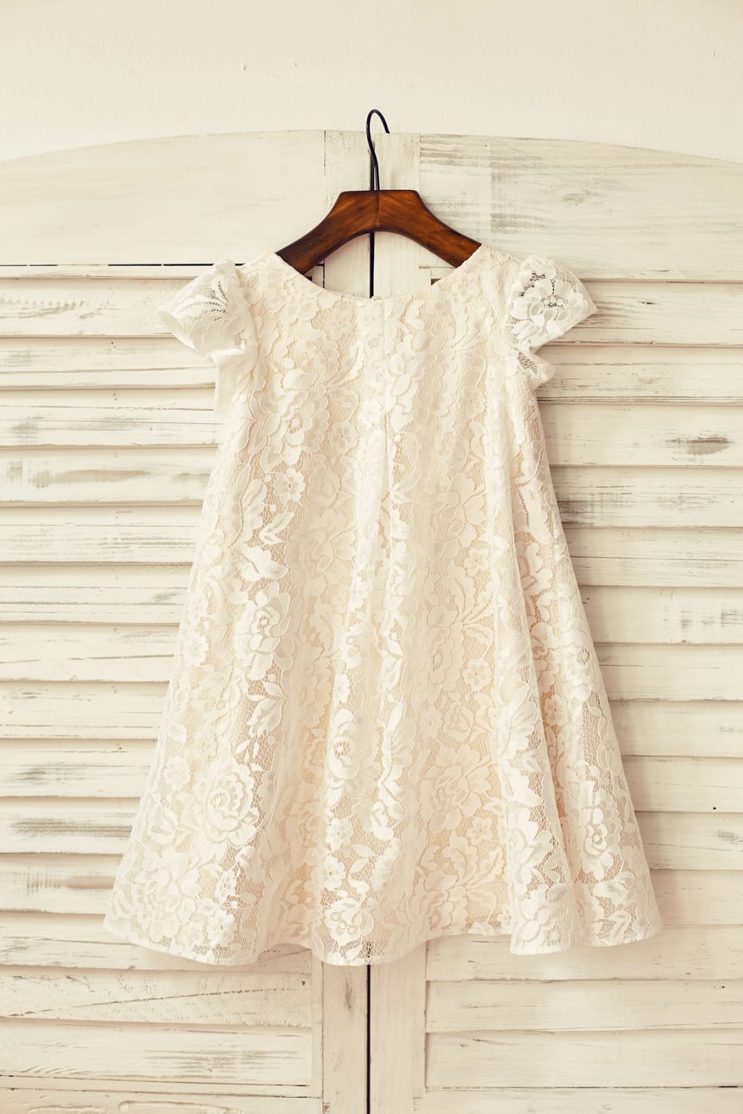 Cap Sleeve Ivory Lace Champagne Lining Flower Girl Dress