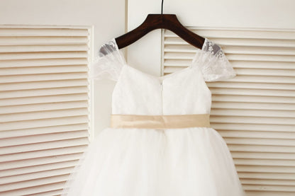 Cap Sleeves Ivory Lace Tulle Flower Girl Dress with 