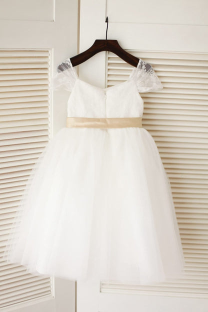 Cap Sleeves Ivory Lace Tulle Flower Girl Dress with 