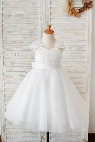 Cap Sleeves Ivory Lace Tulle Wedding Flower Girl Dress with 