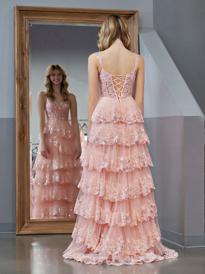 Roycebridal Pink Princess A Line Off the Shoulder Corset Prom Dress with Lace Ruffles