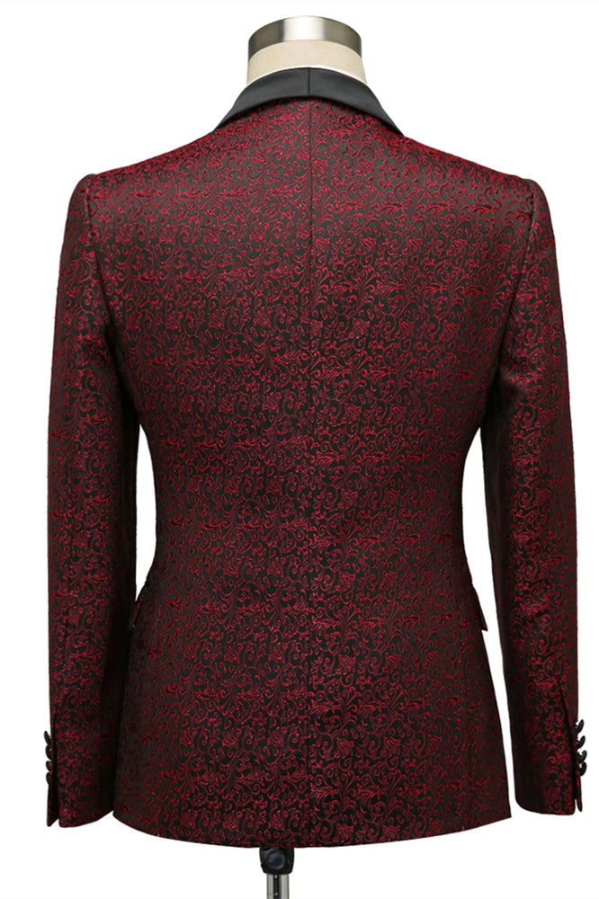 Cesar Burgundy One Button Shawl Lapel Jacquard Wedding Groom Suits-showprettydress