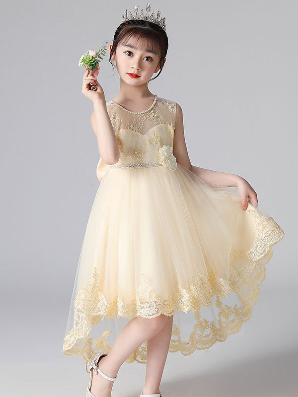 Champagne Color Jewel Neck Sleeveless Beaded Kids Social Party Dresses-showprettydress