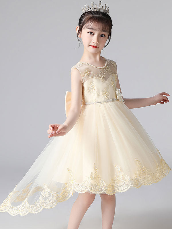 Champagne Color Jewel Neck Sleeveless Beaded Kids Social Party Dresses-showprettydress