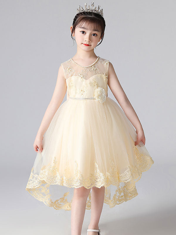 Champagne Color Jewel Neck Sleeveless Beaded Kids Social Party Dresses-showprettydress