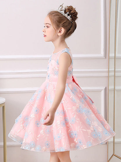 Champagne Color Jewel Neck Sleeveless Bows Kids Social Party Dresses-showprettydress