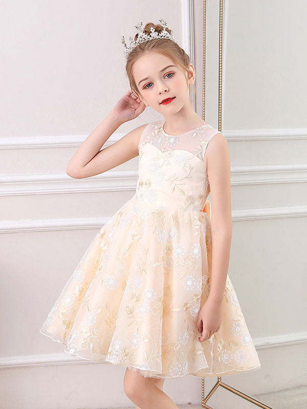 Champagne Color Jewel Neck Sleeveless Bows Kids Social Party Dresses-showprettydress