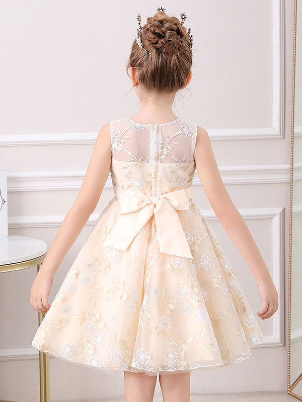 Champagne Color Jewel Neck Sleeveless Bows Kids Social Party Dresses-showprettydress