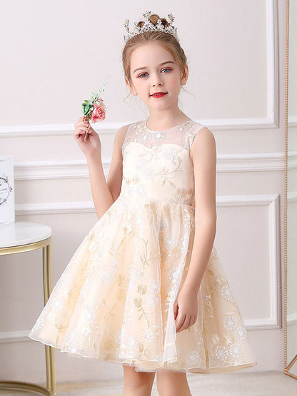 Champagne Color Jewel Neck Sleeveless Bows Kids Social Party Dresses-showprettydress