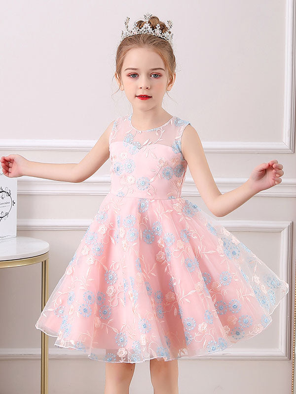 Champagne Color Jewel Neck Sleeveless Bows Kids Social Party Dresses-showprettydress