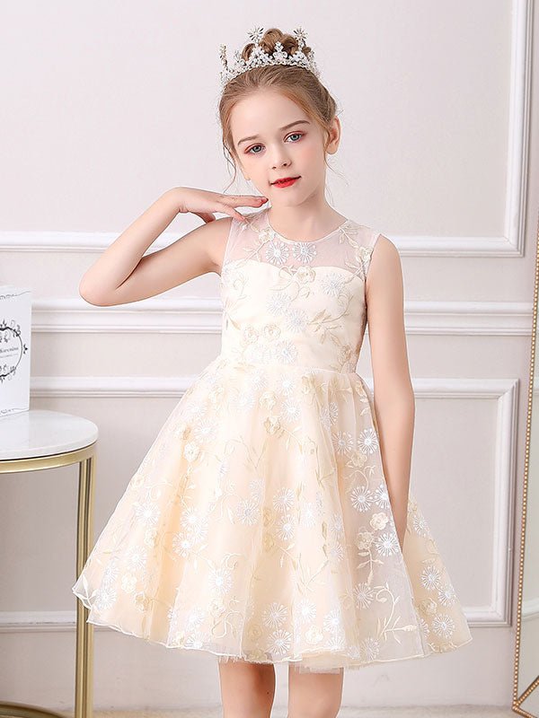 Champagne Color Jewel Neck Sleeveless Bows Kids Social Party Dresses-showprettydress