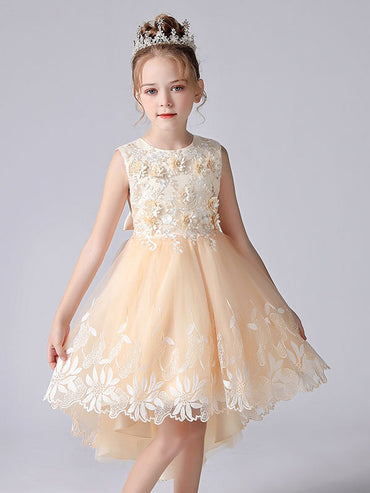 Champagne Color Jewel Neck Sleeveless Flowers Kids Party Dresses Princess Dress-showprettydress