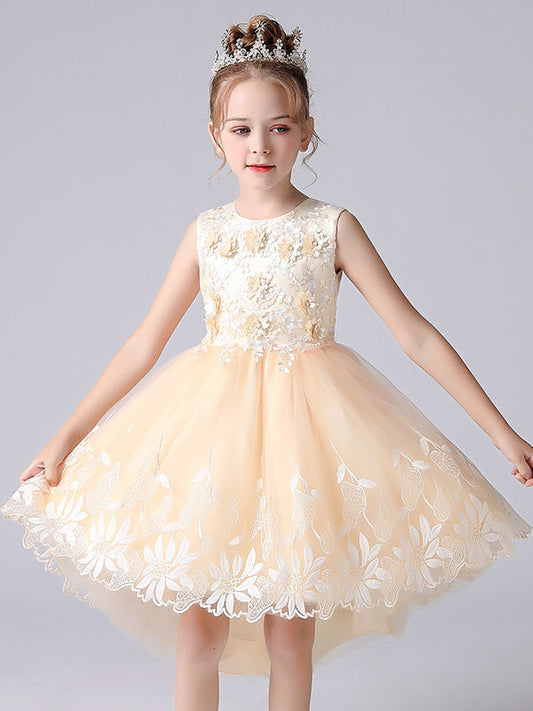 Champagne Color Jewel Neck Sleeveless Flowers Kids Party Dresses Princess Dress-showprettydress