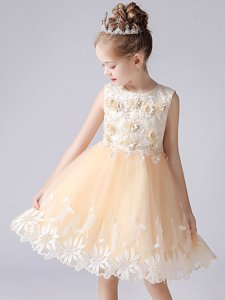 Champagne Color Jewel Neck Sleeveless Short Princess Lace Flowers Formal Kids Pageant flower girl dresses-showprettydress