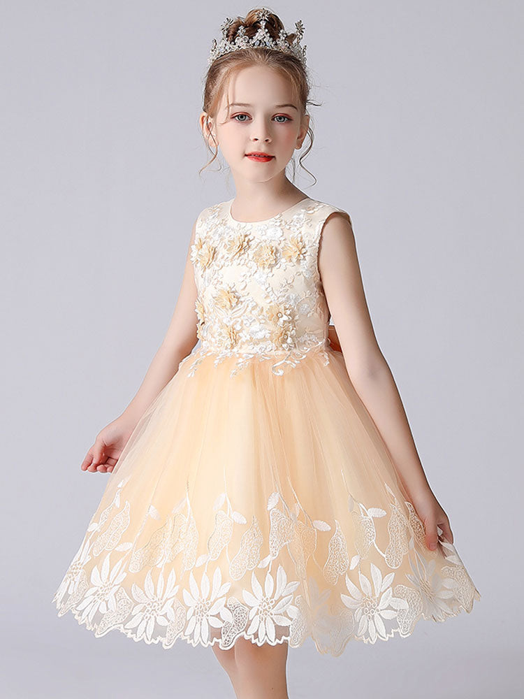 Champagne Color Jewel Neck Sleeveless Short Princess Lace Flowers Formal Kids Pageant flower girl dresses-showprettydress